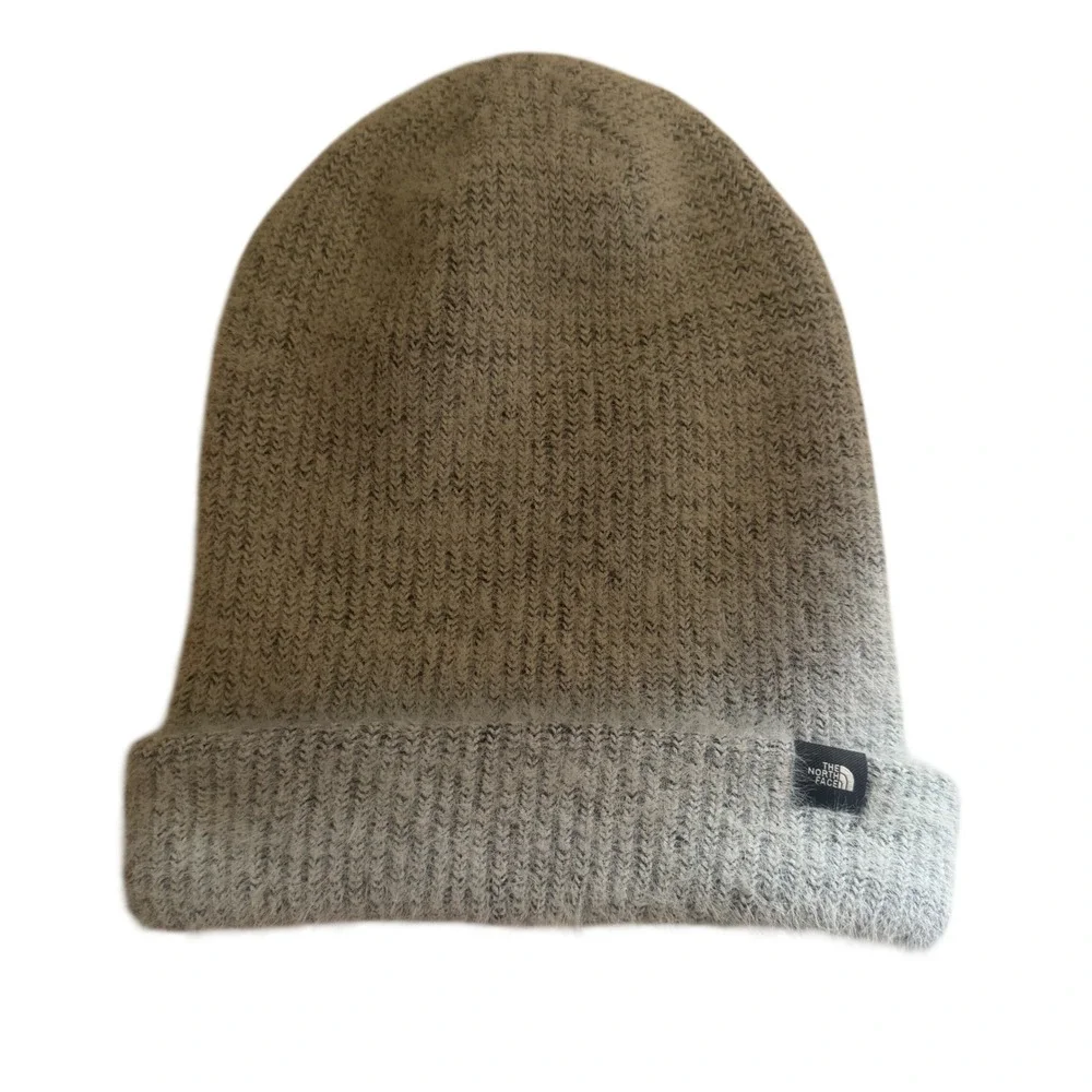 The North Face Womens Gray Fuzzy Knit Cuffed Beanie Hat Logo Patch One Size